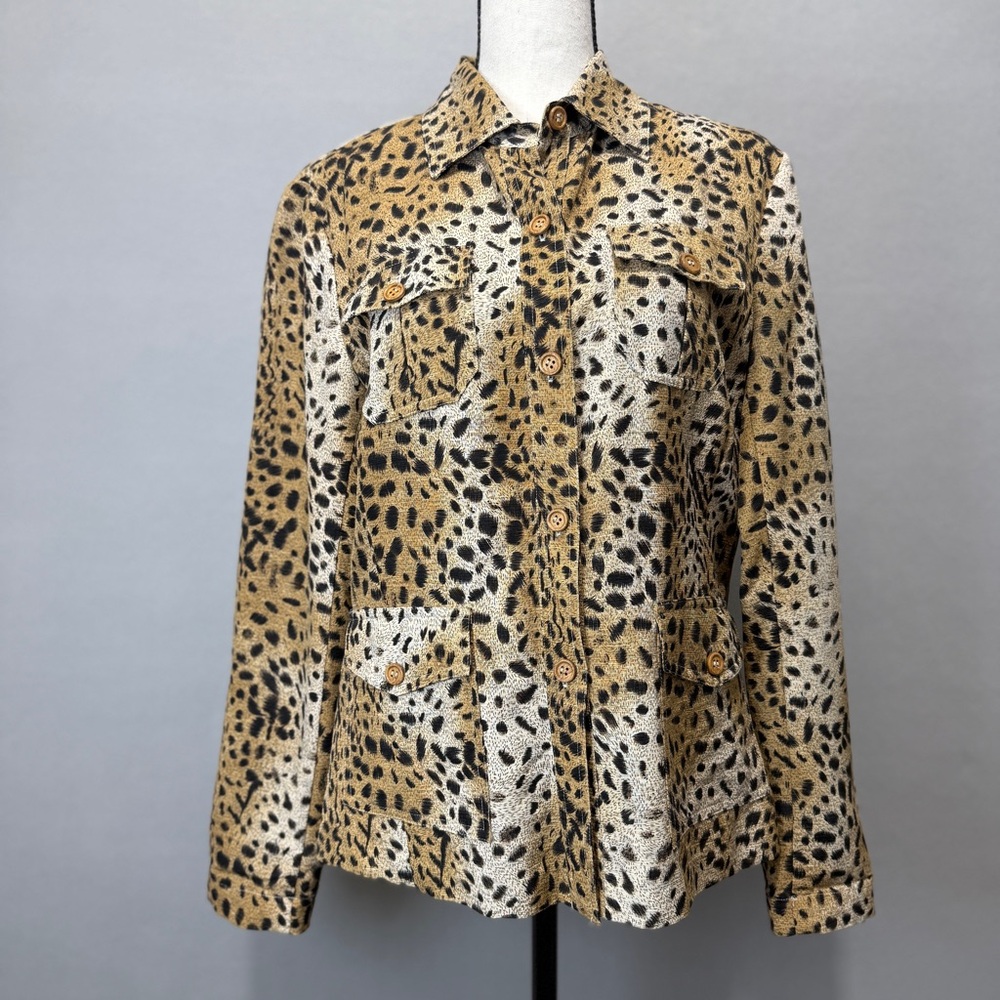 Silkland 100% Silk Blazer Jacket Womens Small Leopard Animal Print Button Safari